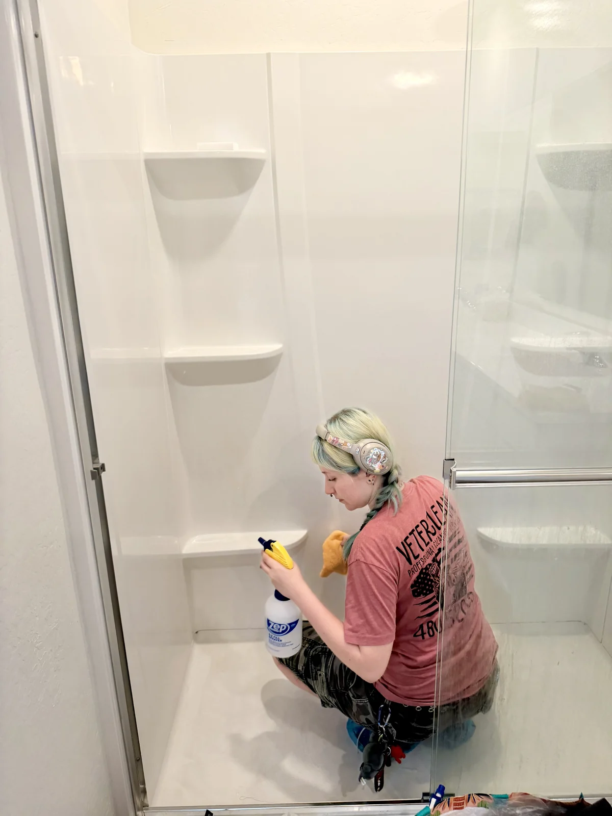 Applying natural chemical-free cleaning products in an Arizona bathroom